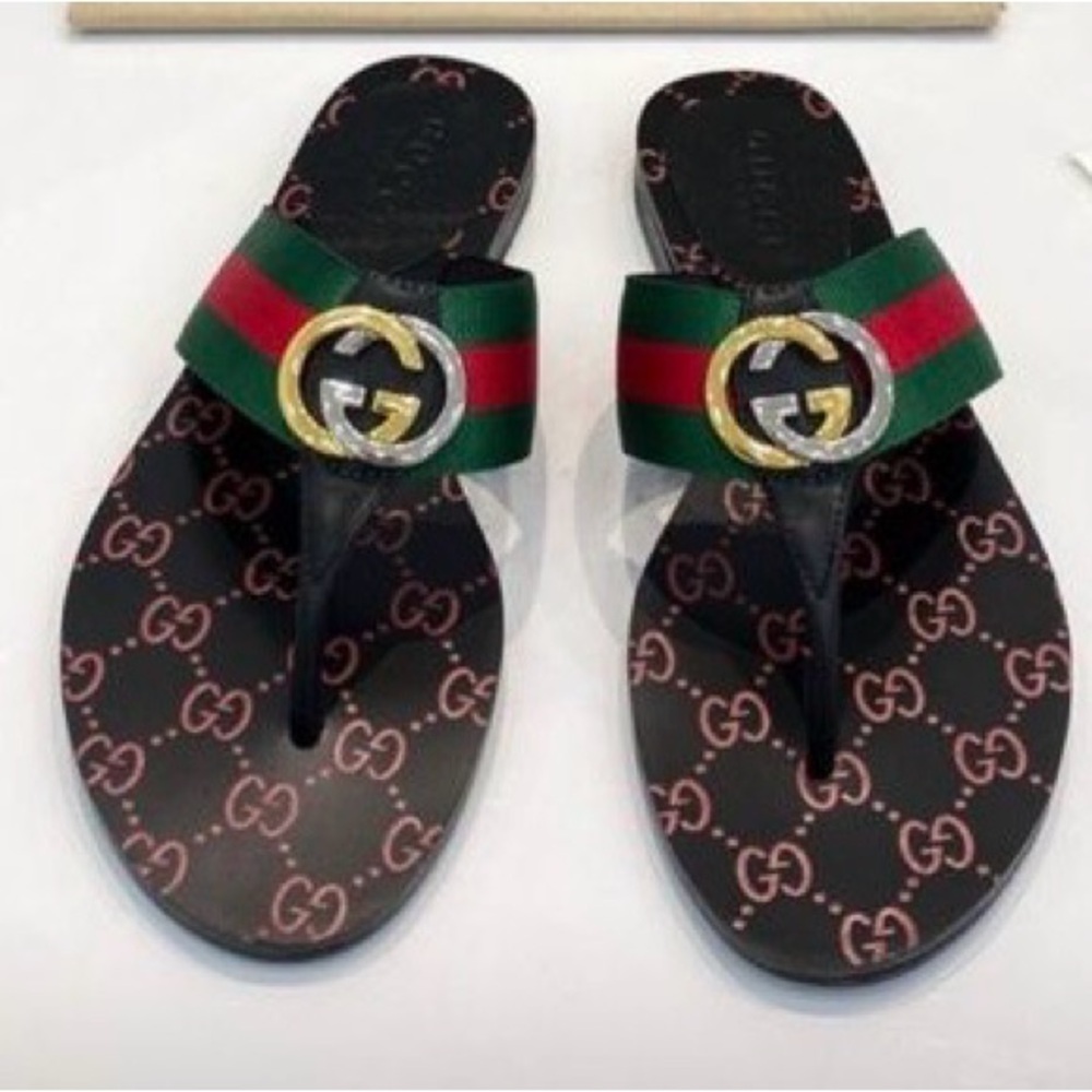 No Boundaries Black Sandals with Red and Green Straps